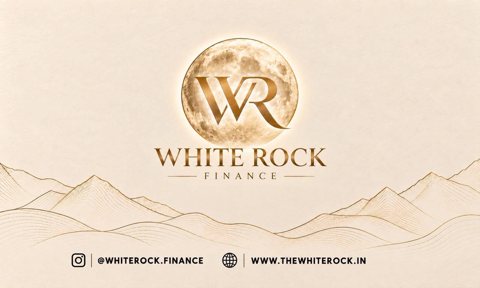 White Rock Finance, gold moon monogram over line-art mountains